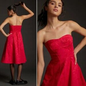 Anthropologie Jacquard Strapless Midi Dress - Red 0